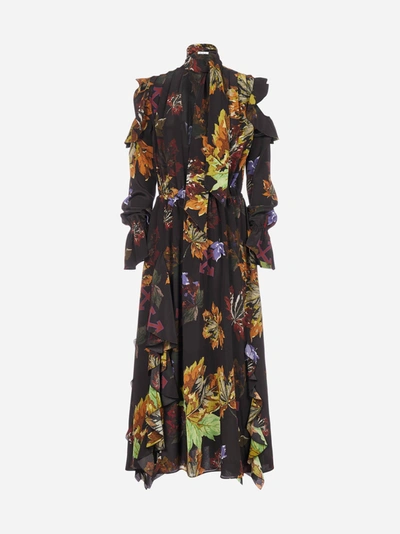 Shop Off-white Printed Chiffon Silk Long Dress In Black - Multicolor