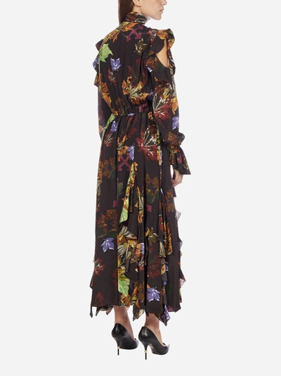 Shop Off-white Printed Chiffon Silk Long Dress In Black - Multicolor