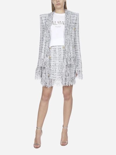 Shop Balmain Fringed Buttoned Tweed Miniskirt In Black - White