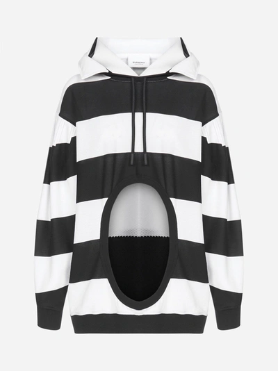 Shop Burberry Swan-patch Cut-out Striped Cotton Hoodie