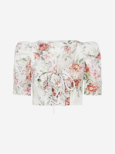 Shop Zimmermann Bellitude Laced Floral Print Linen Crop Top