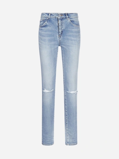 Shop Saint Laurent Jeans Slim In Denim Stretch Con Tagli