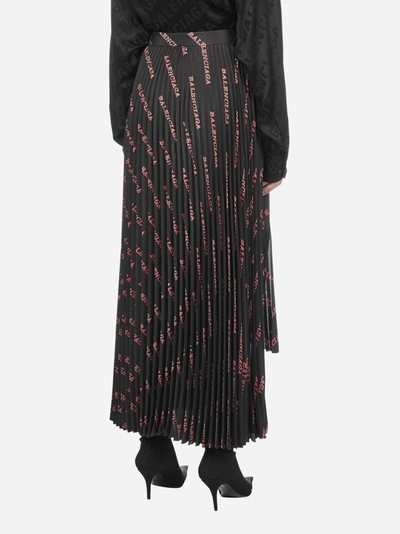 Shop Balenciaga Logo Print Pleated Asymmetric Skirt In Black - Red
