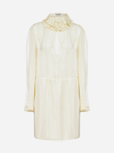 Shop Saint Laurent Ruffled Striped Silk Mini Dress In Ivory - Gold