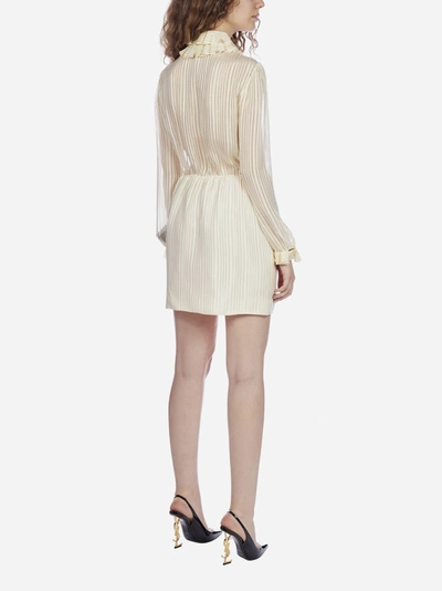 Shop Saint Laurent Ruffled Striped Silk Mini Dress In Ivory - Gold