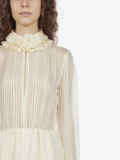 Shop Saint Laurent Ruffled Striped Silk Mini Dress In Ivory - Gold