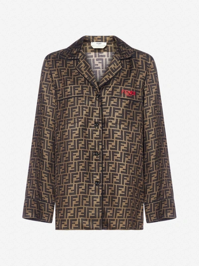 Shop Fendi Ff Logo Twill Silk Shirt In Tobacco