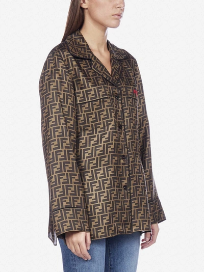 Shop Fendi Ff Logo Twill Silk Shirt In Tobacco