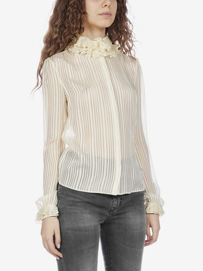 Shop Saint Laurent Ruffled Striped Silk Shirt