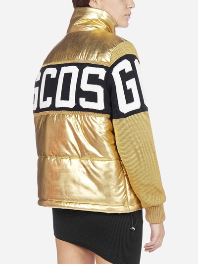 Shop Gcds Band-logo Quilted Nylon And Knit Down Jacket In Gold