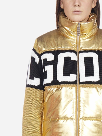 Shop Gcds Band-logo Quilted Nylon And Knit Down Jacket In Gold