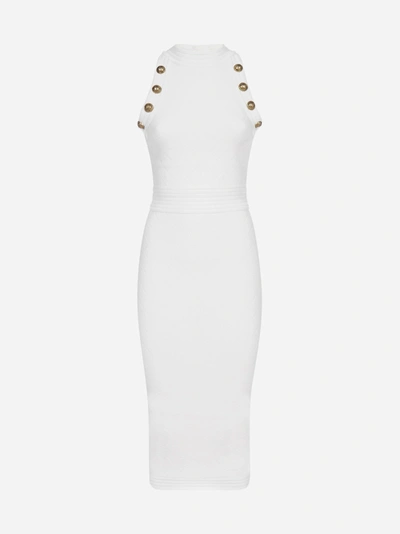 Shop Balmain Buttoned Stretch Knit Midi Dress