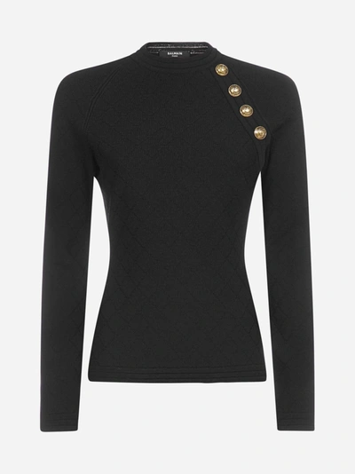Shop Balmain Buttoned Stretch Knit Sweater In Black