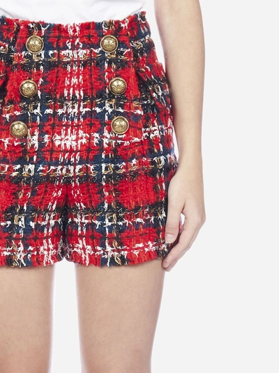 Shop Balmain Buttoned Tartan Wool-blend Tweed Shorts