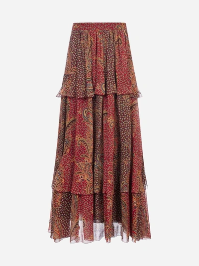 Shop Etro Breton Paisley-print Tiered Silk Skirt In Red