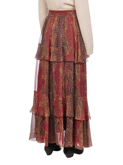 Shop Etro Breton Paisley-print Tiered Silk Skirt In Red