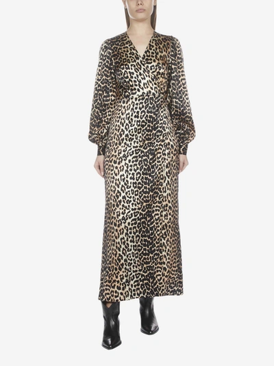 Shop Ganni Leopard Print Silk Satin Wrap Dress