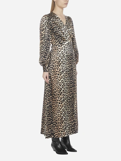 Shop Ganni Leopard Print Silk Satin Wrap Dress