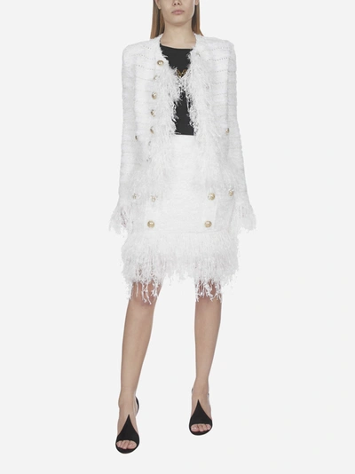 Shop Balmain Fringed Tweed Blazer In White