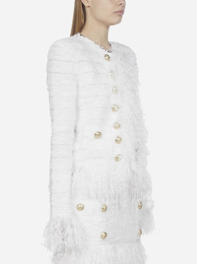 Shop Balmain Fringed Tweed Blazer In White