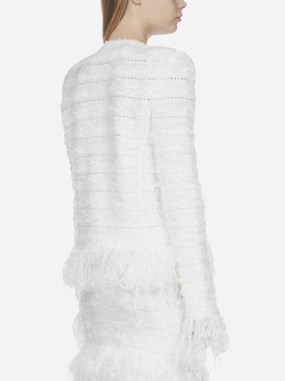 Shop Balmain Fringed Tweed Blazer In White