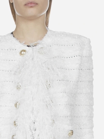 Shop Balmain Fringed Tweed Blazer In White