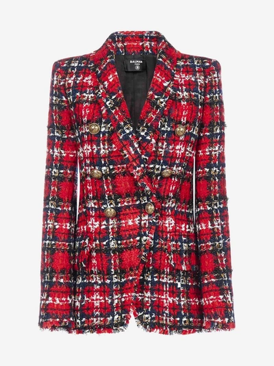 Shop Balmain Tartan Wool-blend Tweed Blazer