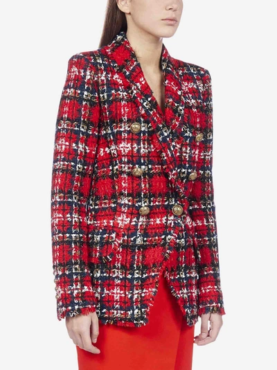 Shop Balmain Tartan Wool-blend Tweed Blazer