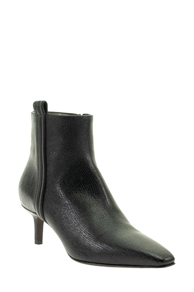 Shop Brunello Cucinelli Lizard Effect Leather Kitten Heels With Shiny Trim In Anthracite
