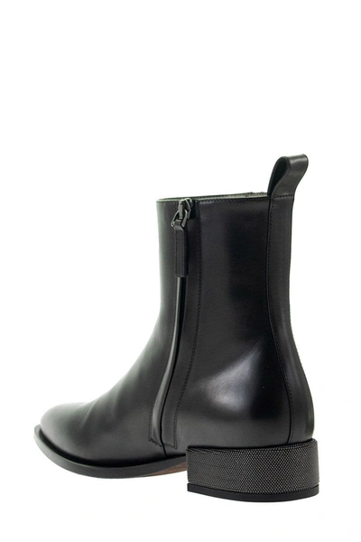 Shop Brunello Cucinelli Mid Calf Boots Smooth Calfskin Boots With Precious Heel In Black