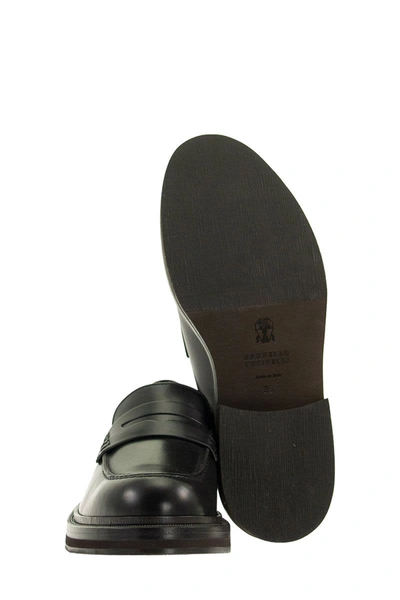 Shop Brunello Cucinelli Moccasins Smooth Calfskin Penny Loafer With Precious Welt In Black