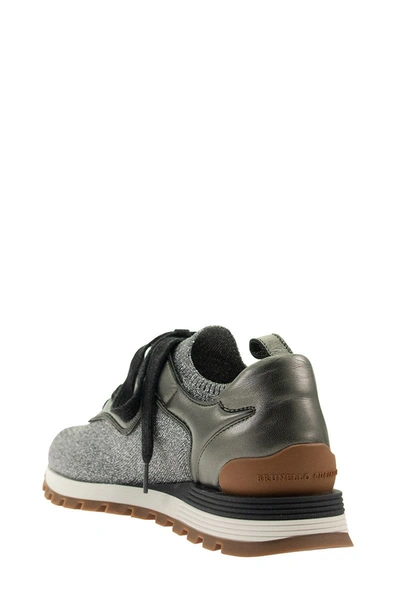 Shop Brunello Cucinelli Sneakers Sparkling Knit And Nappa Leather Runners With Shiny Contour In Light Grey