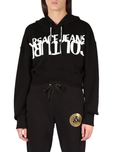Shop Versace Jeans Couture Cotton Hoodie With Logo Print In Black