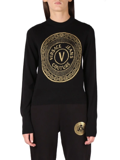 Shop Versace Jeans Couture Cotton Sweater With Intarsia-knit Logo In Black