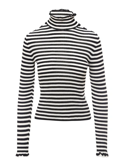 Shop Philosophy Di Lorenzo Serafini Turtle-neck Striped Sweater With Ruffle In Black