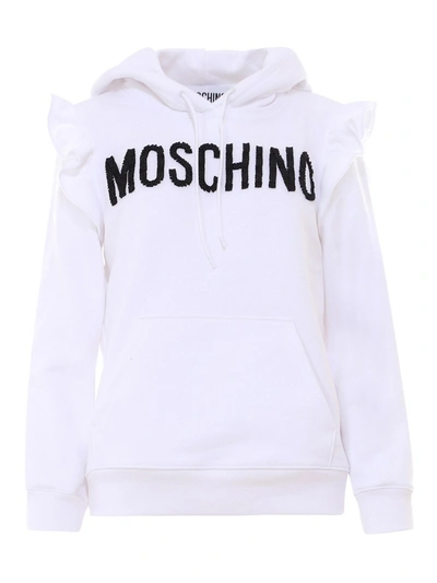 Shop Moschino Ruffle Cotton Hoodie In White