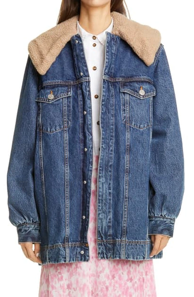 Shop Ganni Oversized Denim Jacket With Removable Fleece Collar