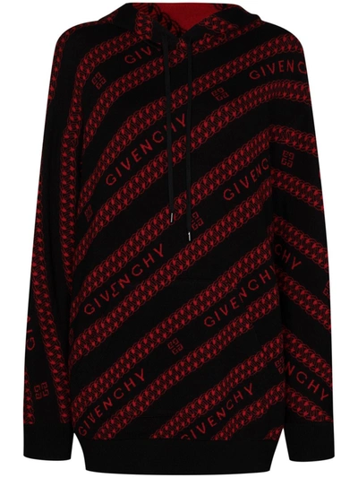 Shop Givenchy Striped Logo Pattern Wool Hoodie In Red