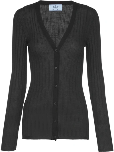 Shop Prada V-neck Ribbed-knit Cardigan In Black
