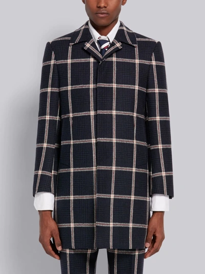 Shop Thom Browne Navy Prince Of Wales Hunting Wool Tweed Classic Bal Collar Overcoat In Blue