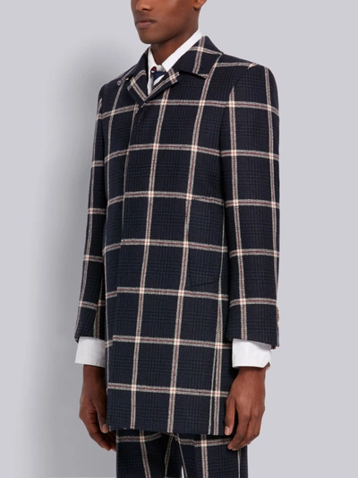 Shop Thom Browne Navy Prince Of Wales Hunting Wool Tweed Classic Bal Collar Overcoat In Blue
