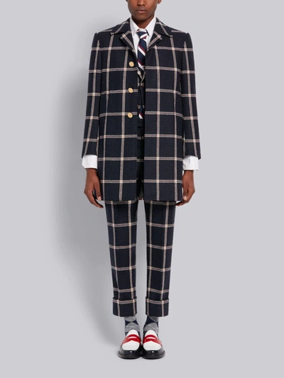 Shop Thom Browne Navy Prince Of Wales Hunting Wool Tweed Classic Bal Collar Overcoat In Blue