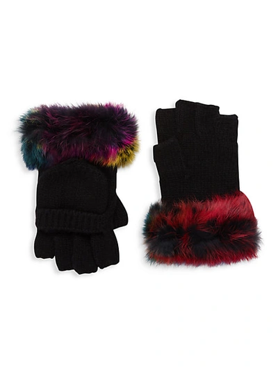 Shop Adrienne Landau Fingerless Wool-blend & Rabbit Fur Gloves In Black Red