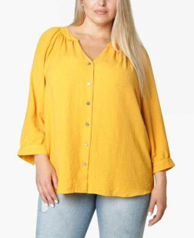 Shop Adrienne Vittadini Women's Plus Size 3/4 Sleeve Shirred Neck Button Front Blouse In Golden Glow
