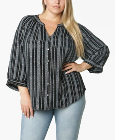 Shop Adrienne Vittadini Women's Plus Size 3/4 Sleeve Shirred Neck Button Front Blouse In Chalk Stripe