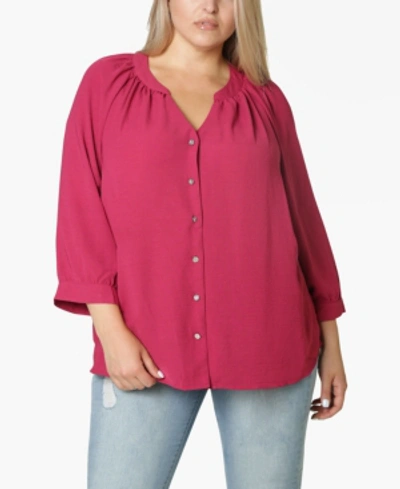 Shop Adrienne Vittadini Women's Plus Size 3/4 Sleeve Shirred Neck Button Front Blouse In Sangria