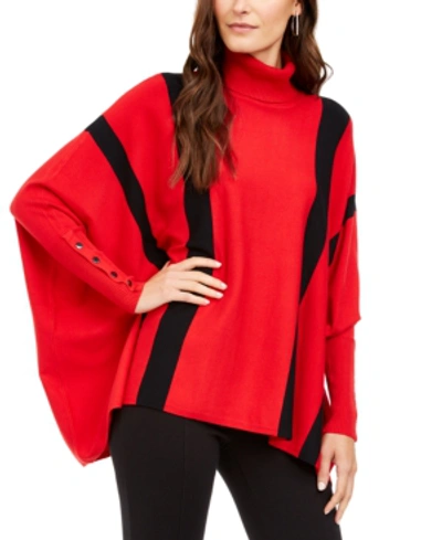 Shop Alfani Plus Size Striped Poncho Sweater, Created For Macy's In Real Red