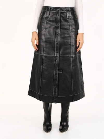 Shop Ganni Long Leather Skirt Black