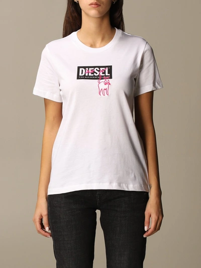 Shop Diesel T-shirt In Cotton With Cat Logo In White