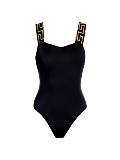 Shop Versace Greca Strap One-piece Swimsuit In Black